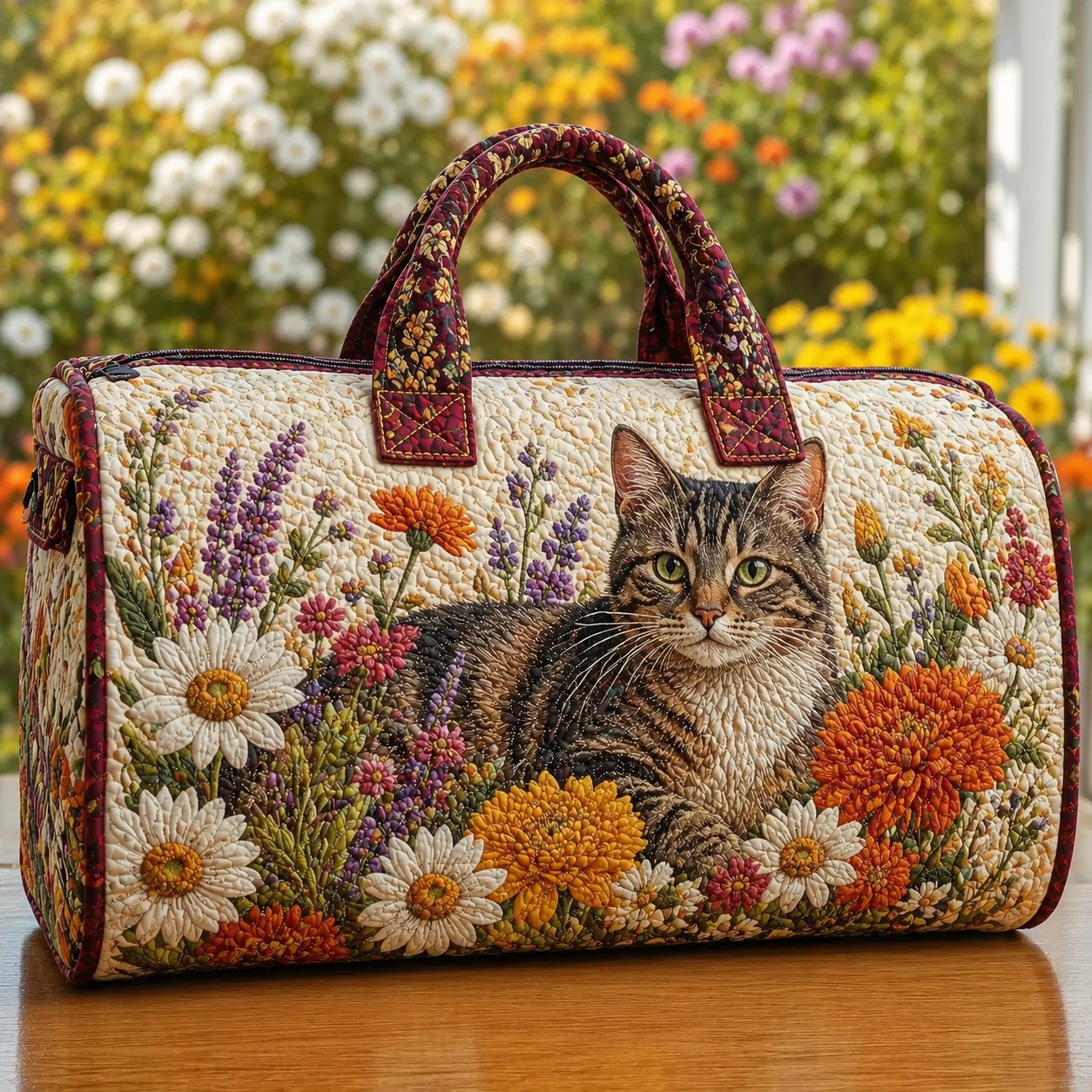 Tabby Cat & Wildflower Quilted Travel Bag