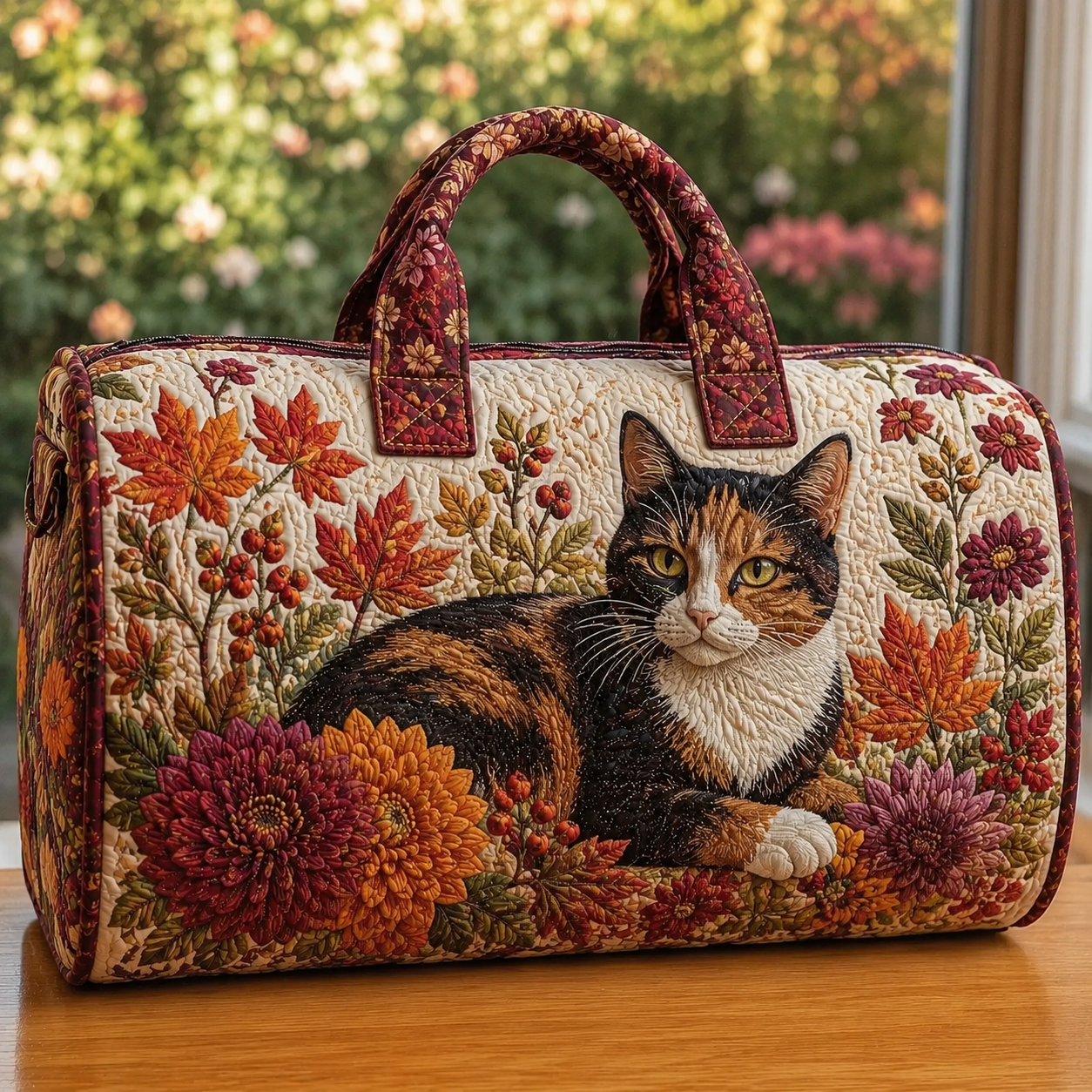 Calico Cat & Autumn Maple Quilted Travel Bag