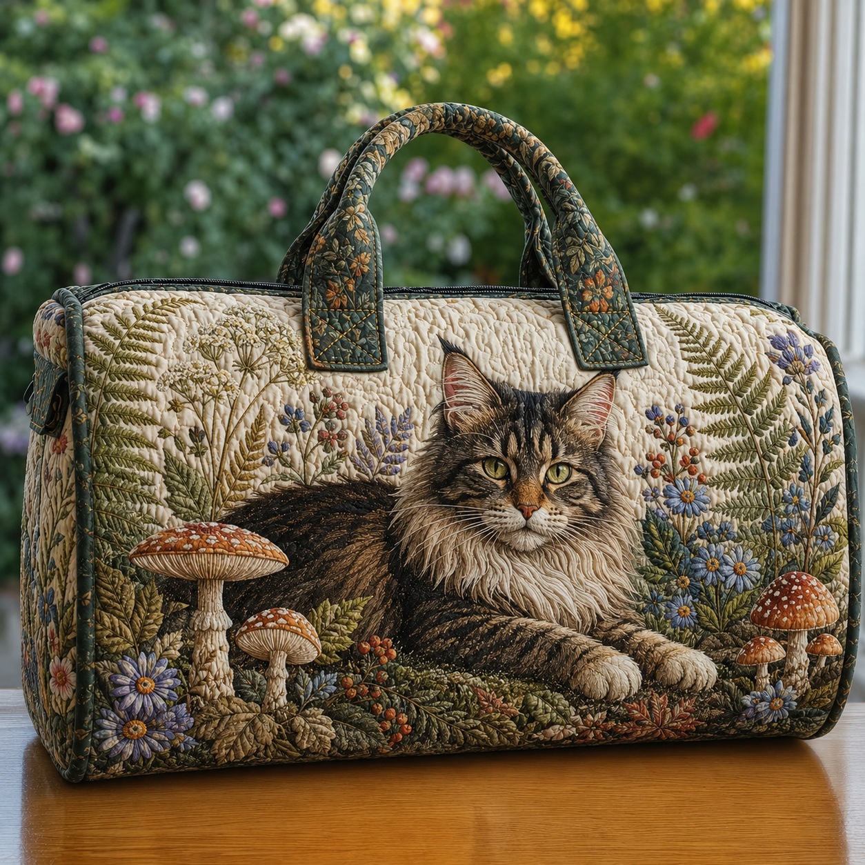 Maine Coon Cat & Mushroom Forest Quilted Travel Bag