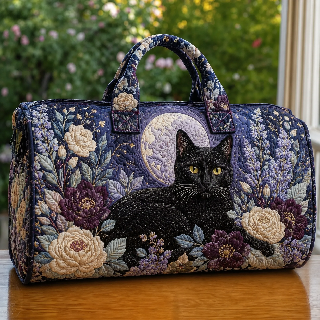 Black Cat & Moonlit Garden Quilted Travel Bag