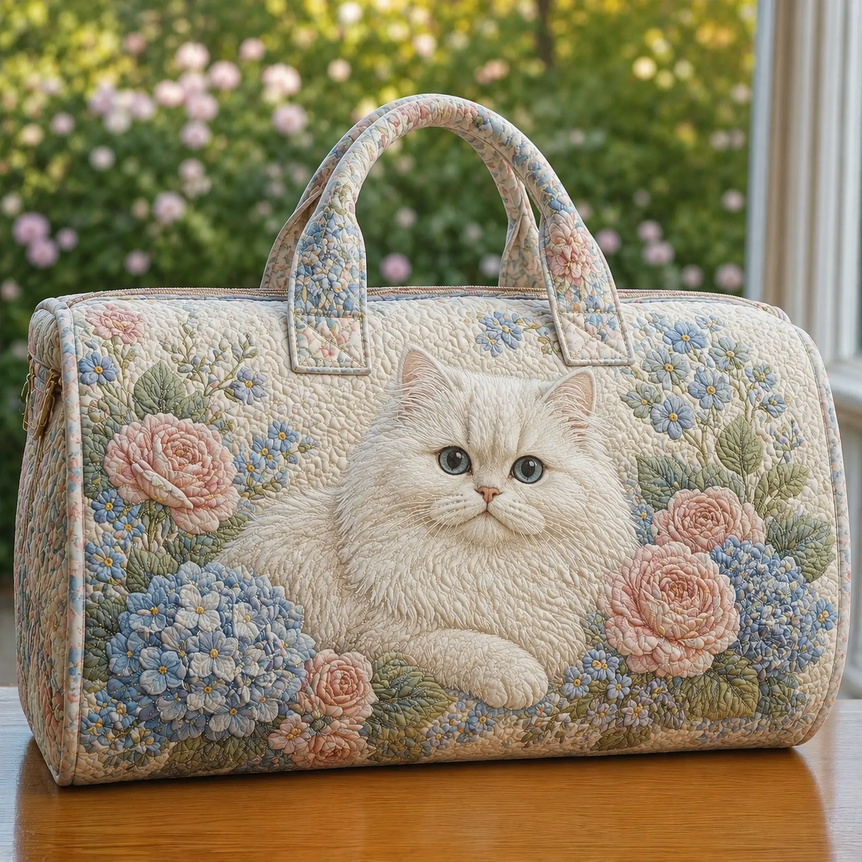 White Persian Cat & Pastel Hydrangea Quilted Travel Bag