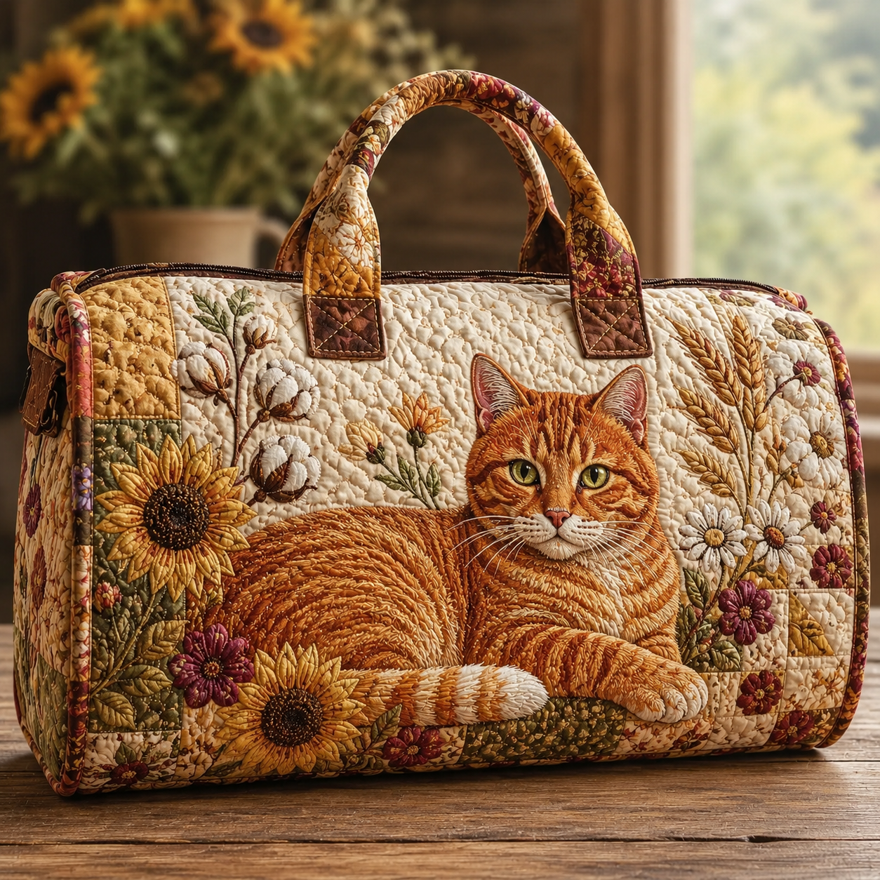 Orange Tabby Cat & Sunflower Patchwork Quilted Travel Bag