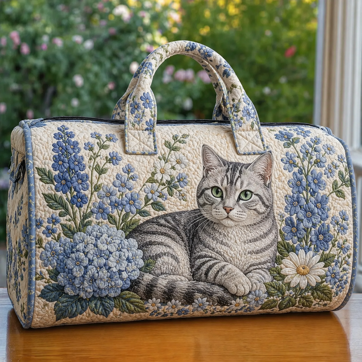 Gray Tabby Cat & Blue Wildflower Quilted Travel Bag