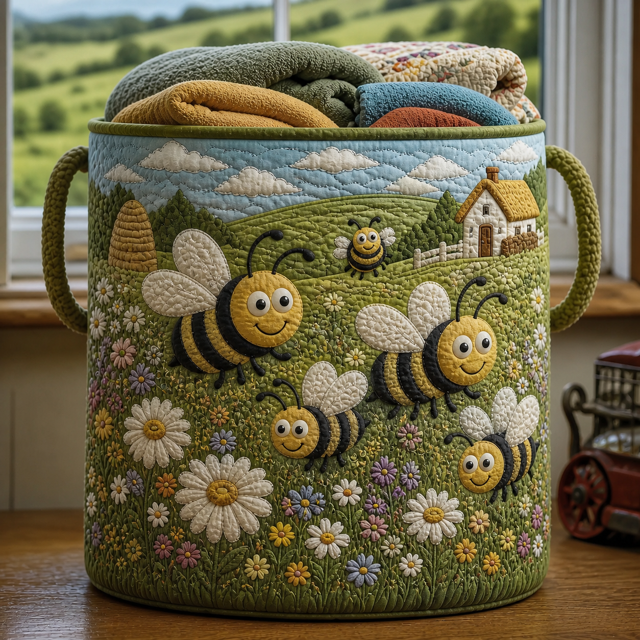 Farm Bee & Wildflower Quilted Laundry Basket