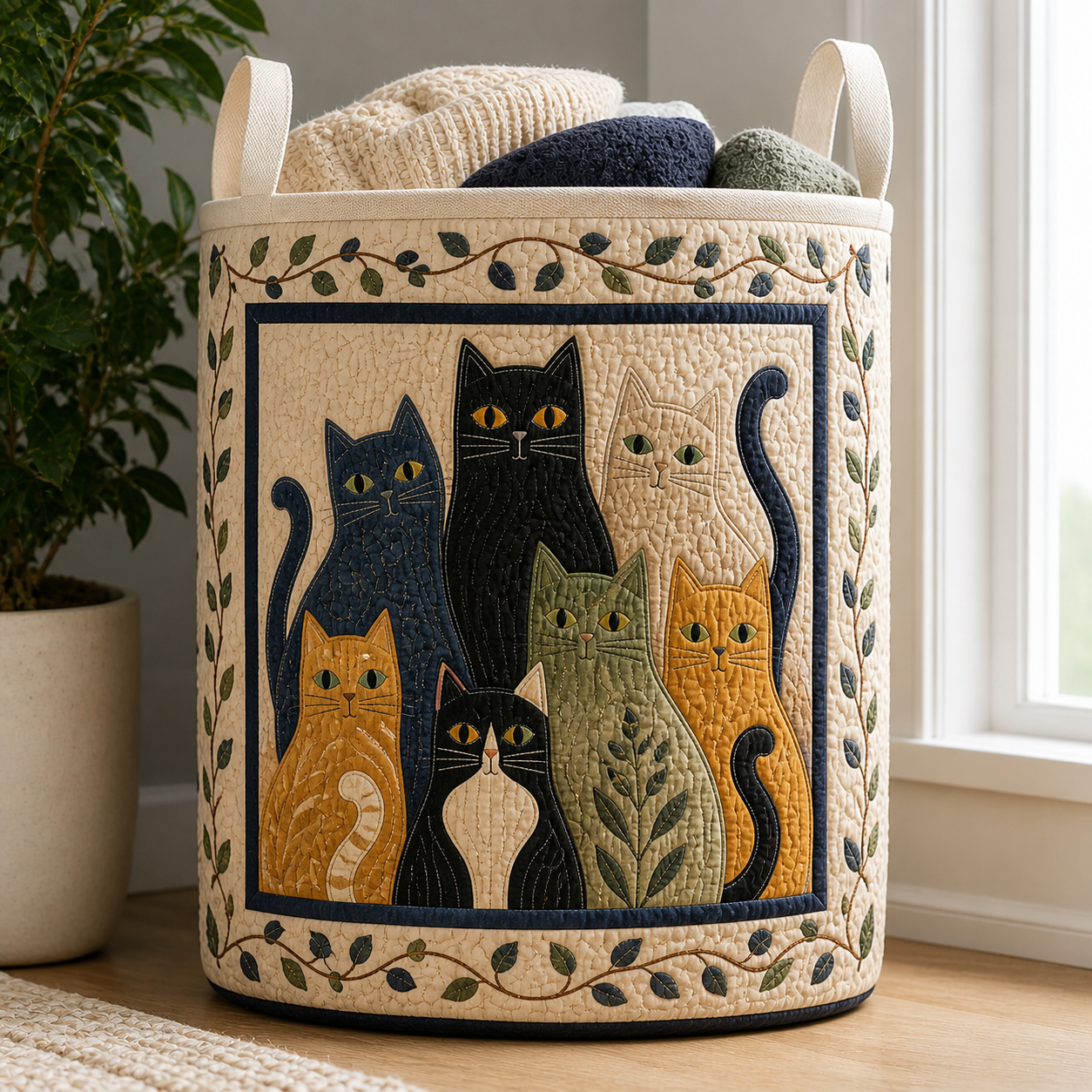 Framed Folk Art Cats Quilted Laundry Basket