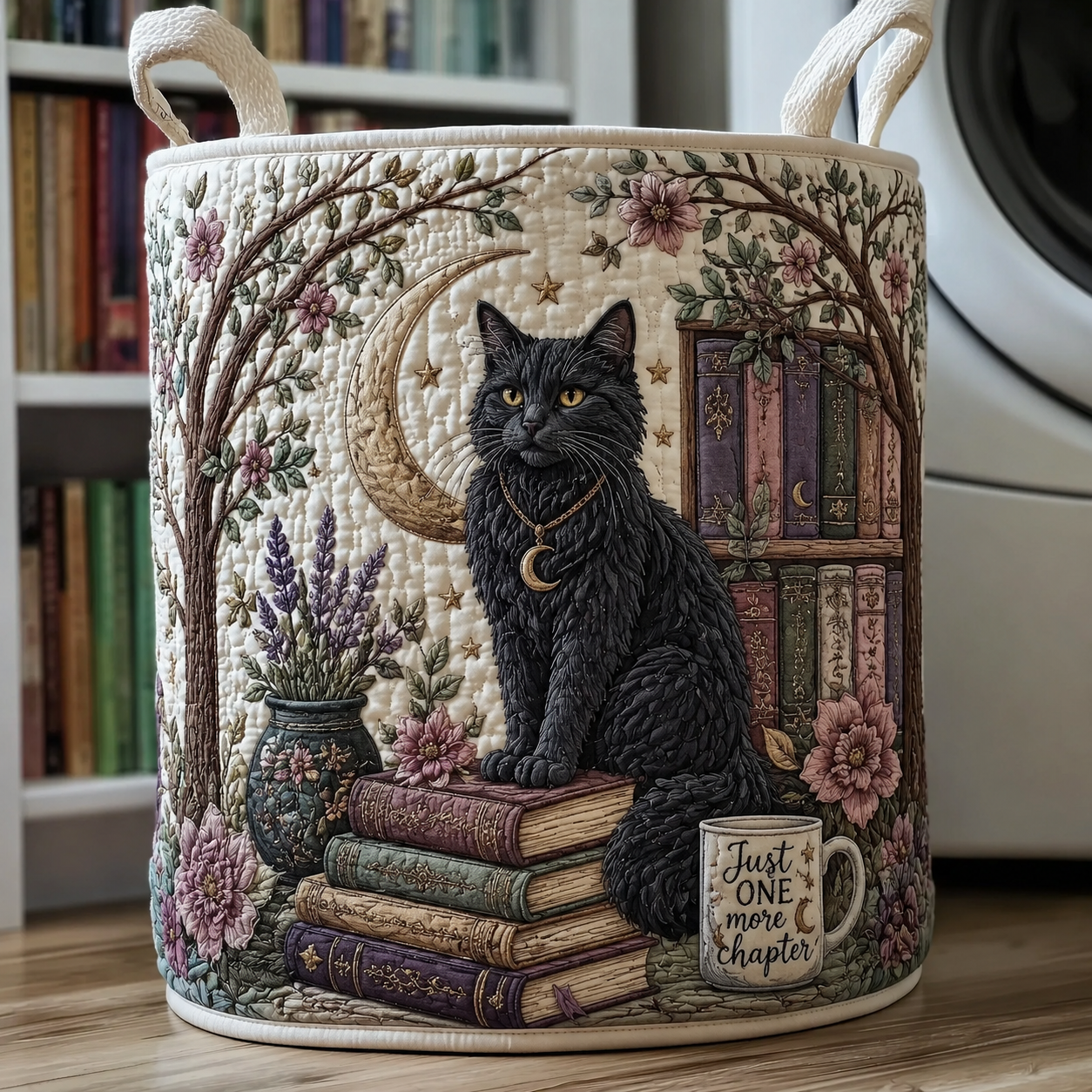 Black Cat Book Lover Quilted Laundry Basket