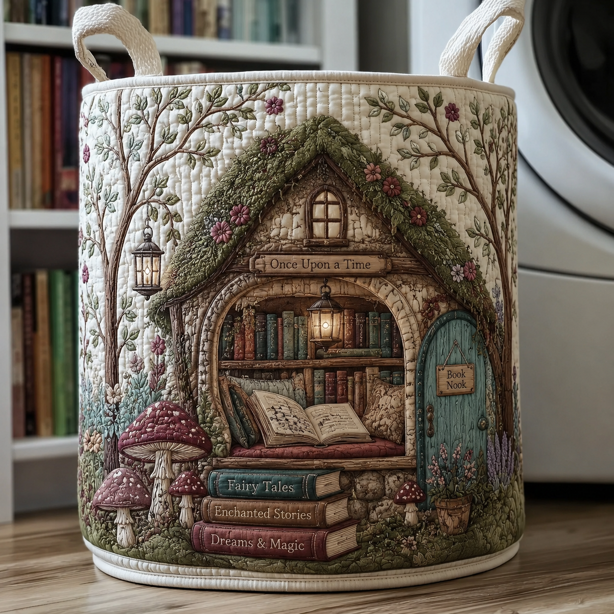 Enchanted Storybook Cottage Quilted Laundry Basket