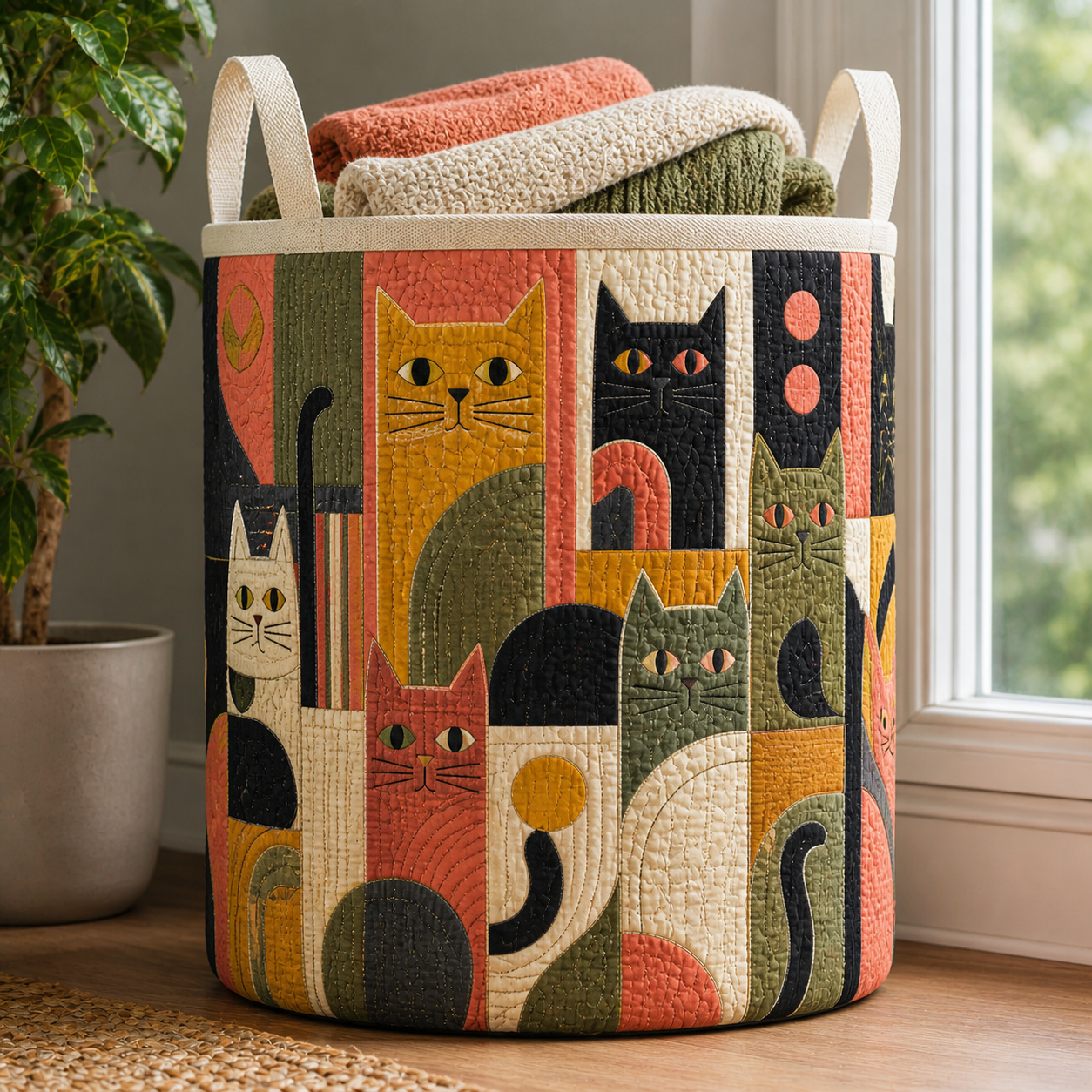 Mid-Century Modern Cat Quilted Laundry Basket