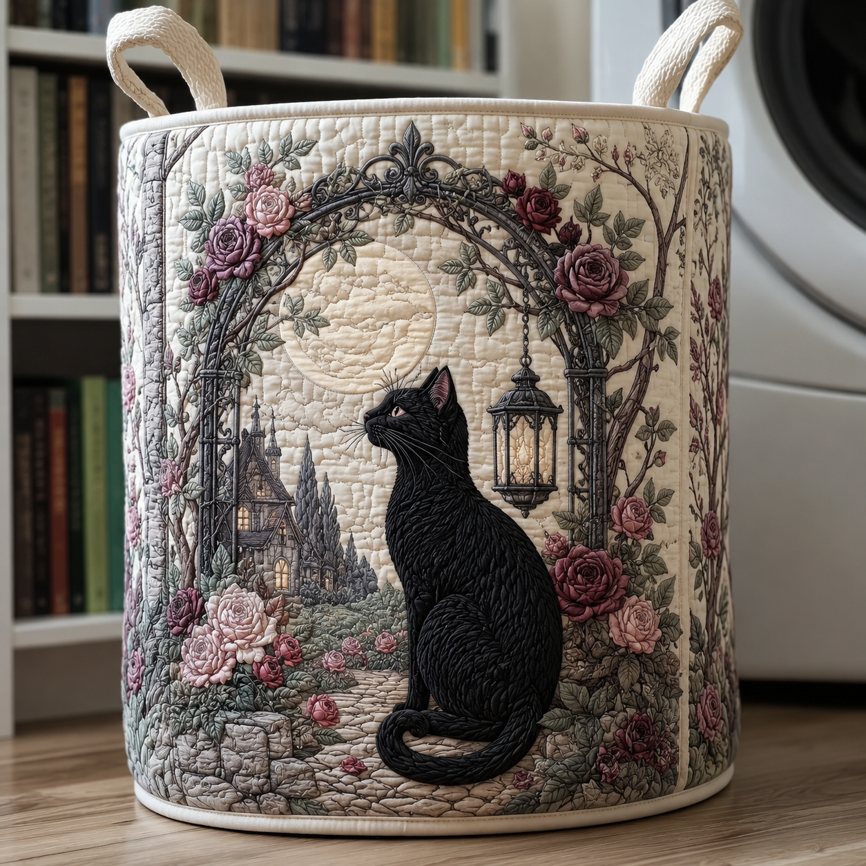 Black Cat & Moonlit Garden Quilted Laundry Basket
