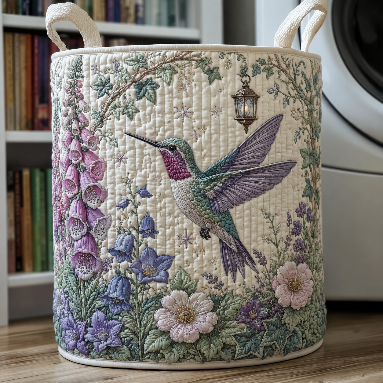 Hummingbird & Wildflower Quilted Laundry Basket