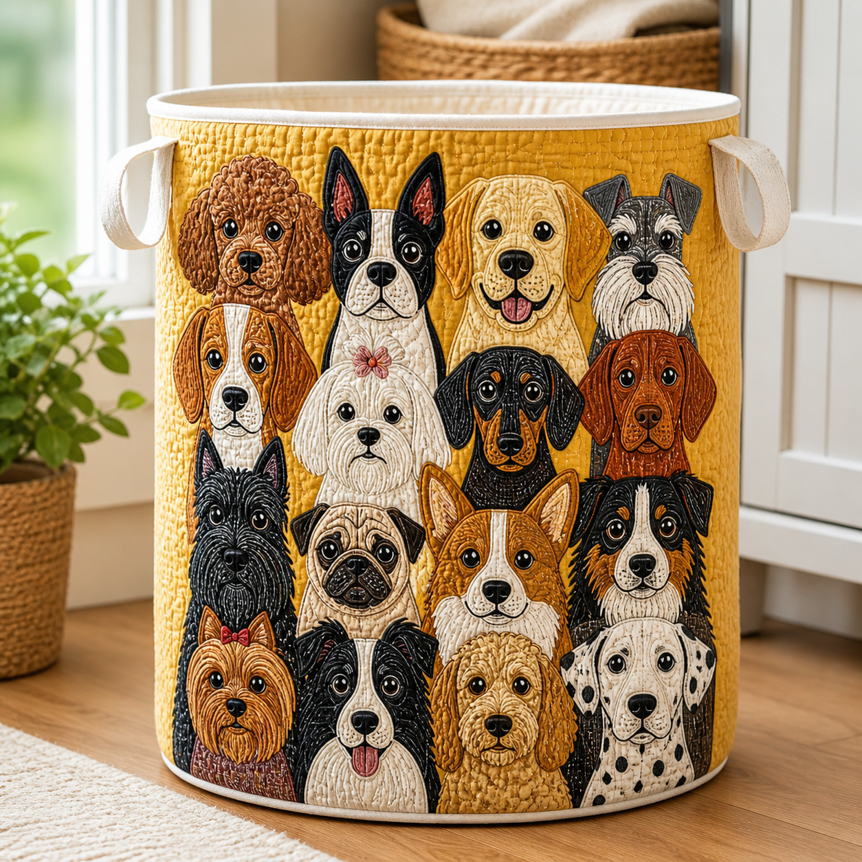 Bright Yellow Multi-Breed Dog Quilted Laundry Basket