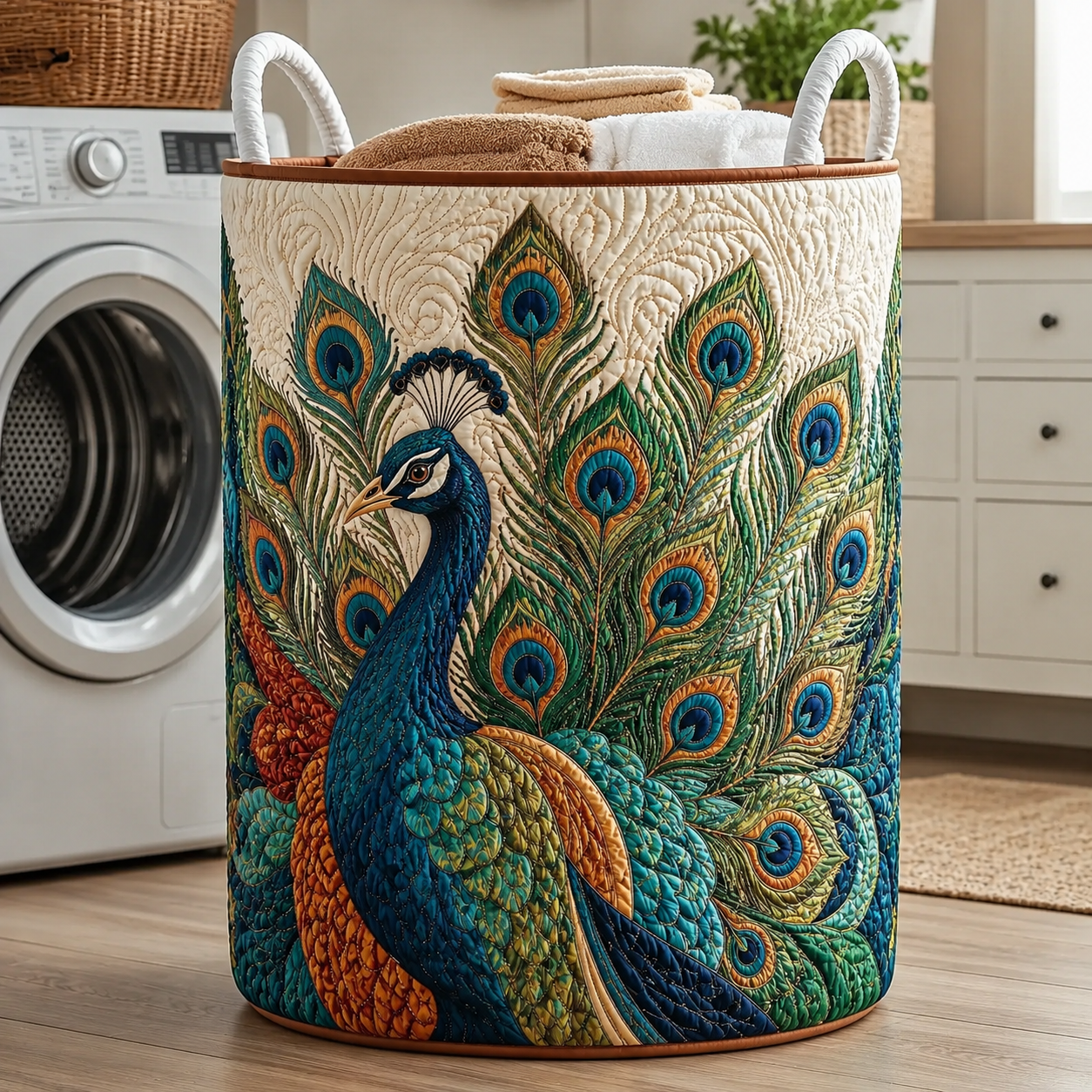 Large Peacock Quilted Laundry Hamper – Soft Fabric Clothes Basket with Handles