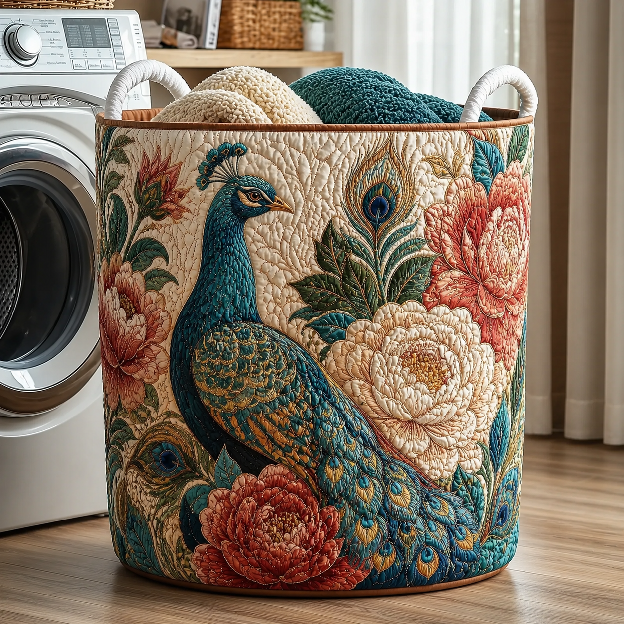 Peacock & Peony Quilted Laundry Basket