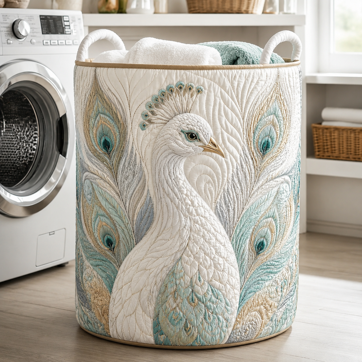 White Peacock Quilted Laundry Basket