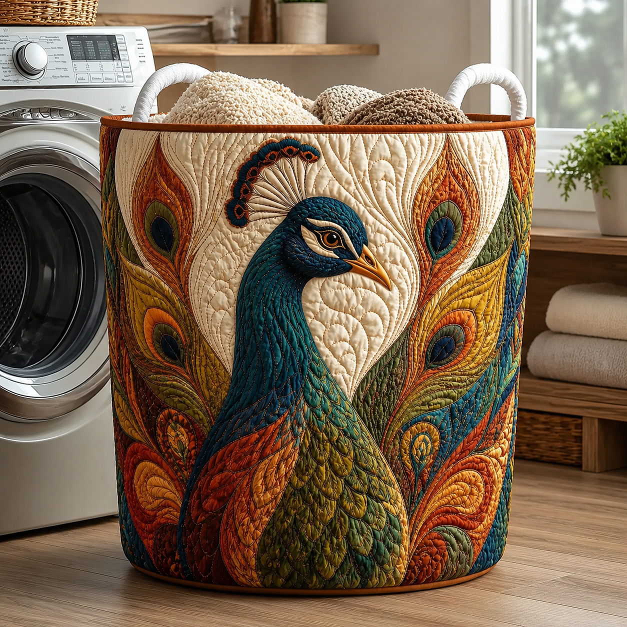 Vibrant Peacock Quilted Laundry Basket