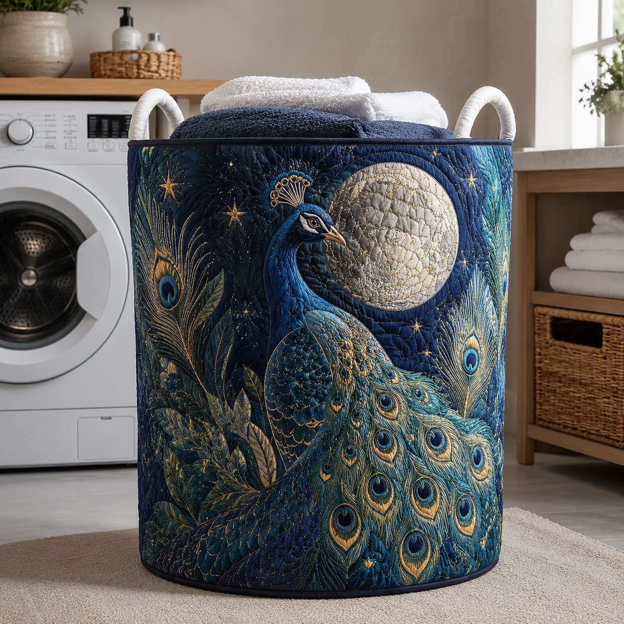 Midnight Peacock Quilted Laundry Basket