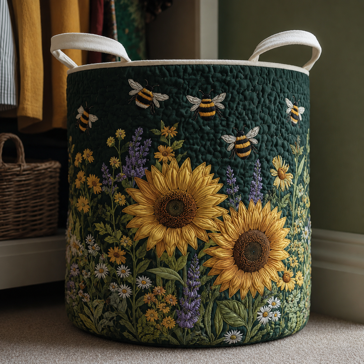 Sunflower Bee Quilted Laundry Basket