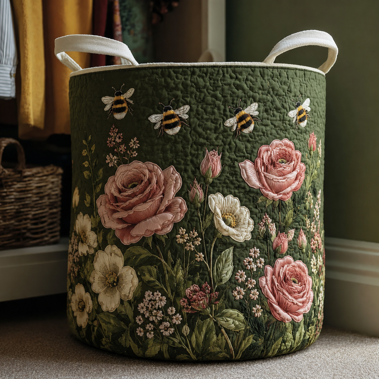 Rose Garden Bee Quilted Laundry Basket