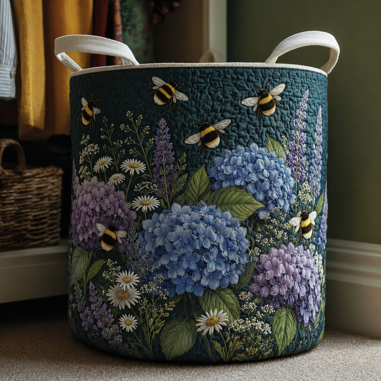 Hydrangea Bee Quilted Laundry Basket