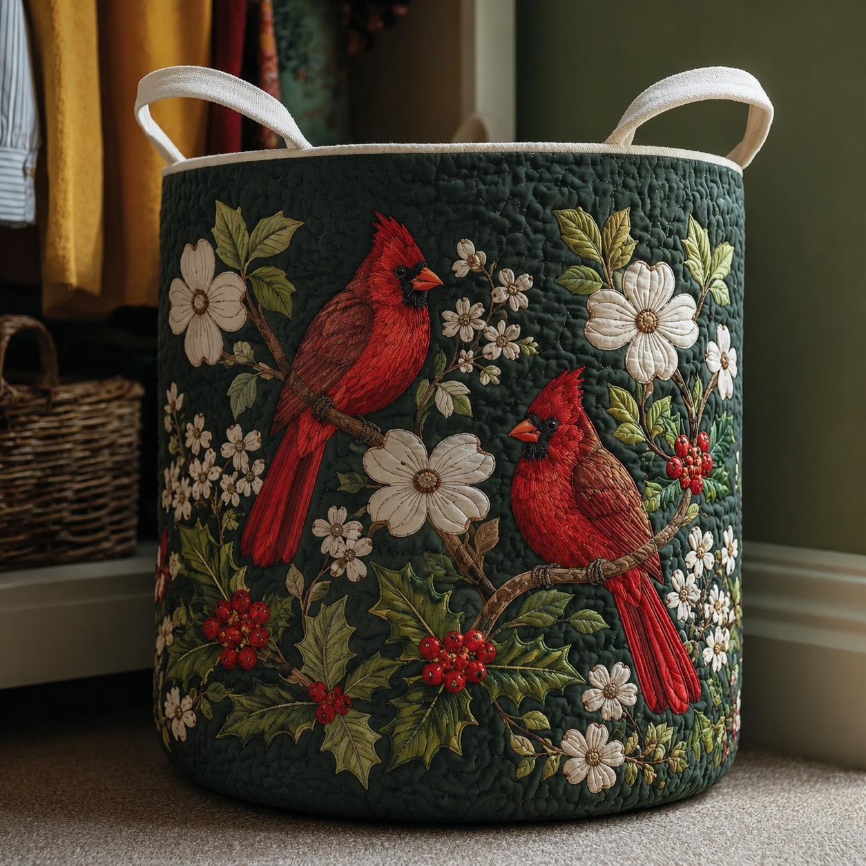 Cardinal Bird Quilted Laundry Basket