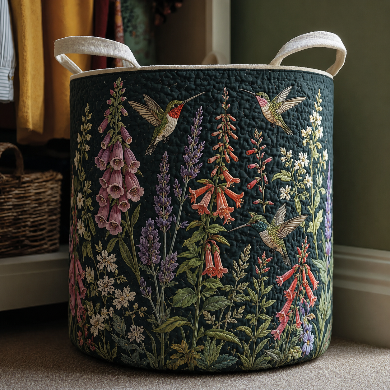 Hummingbird Wildflower Quilted Laundry Basket