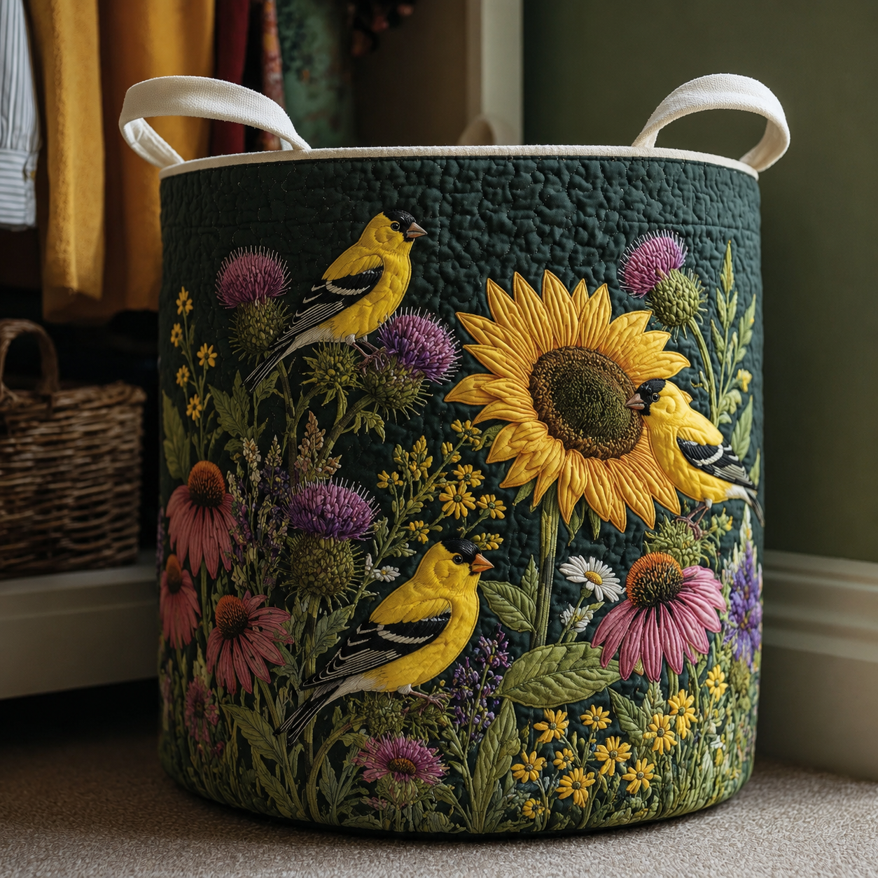 Goldfinch Sunflower Quilted Laundry Basket
