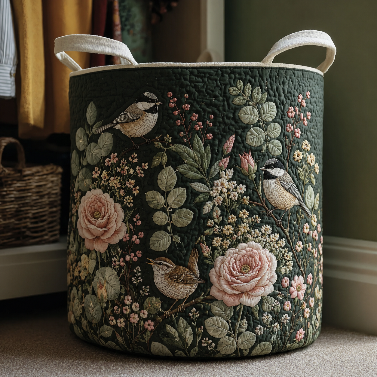 Cottage Bird Floral Quilted Laundry Basket