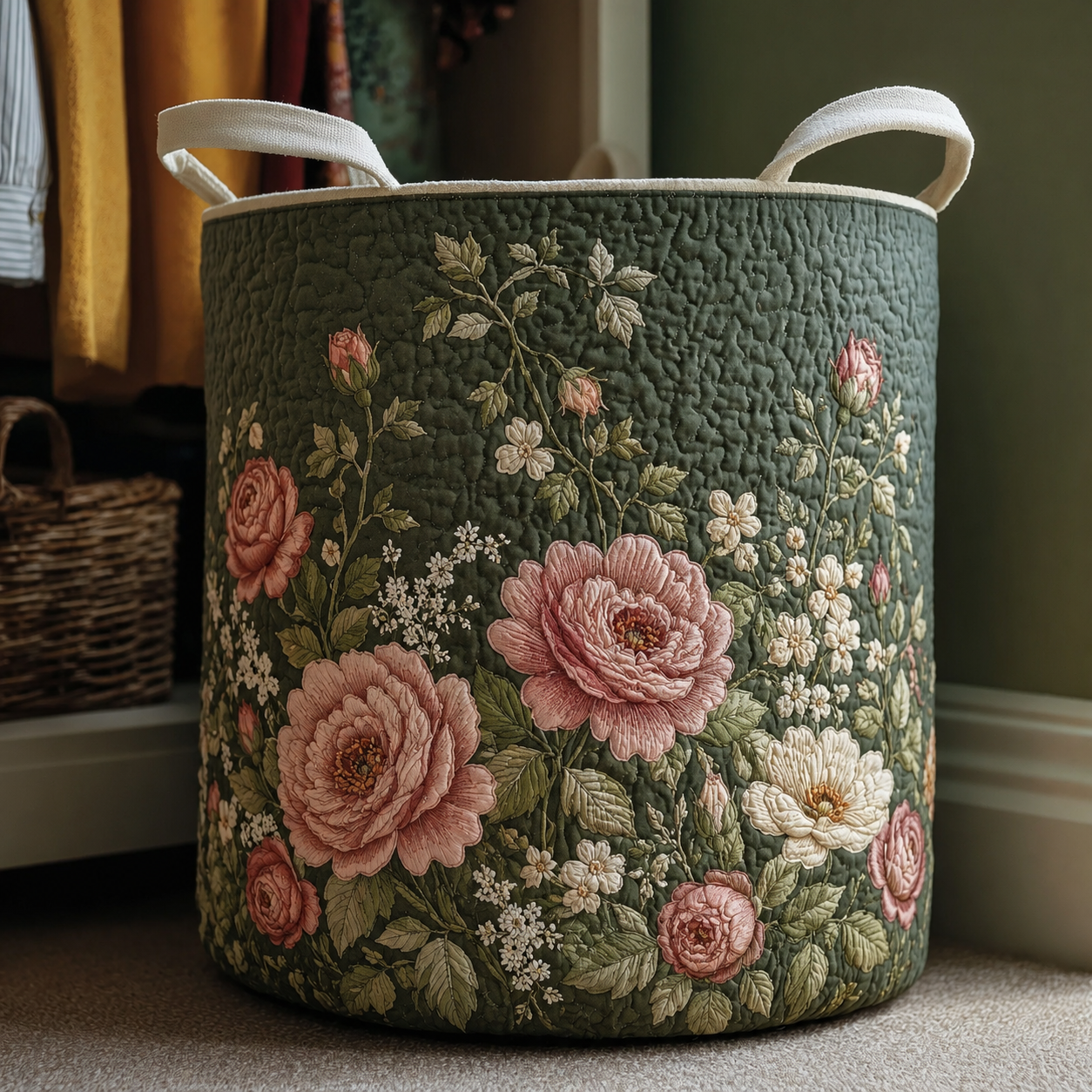 Vintage Rose Quilted Laundry Basket