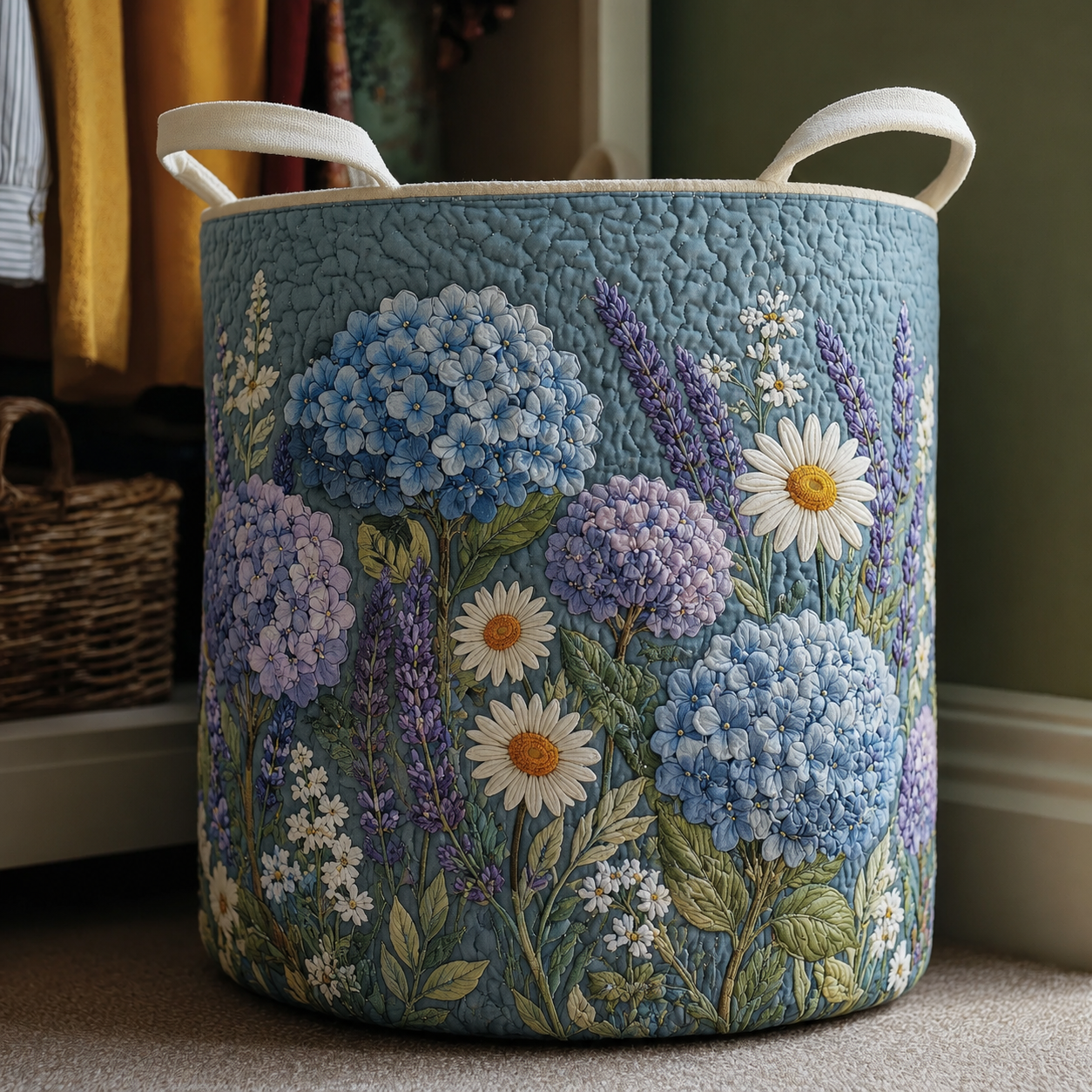Hydrangea Daisy Quilted Laundry Basket