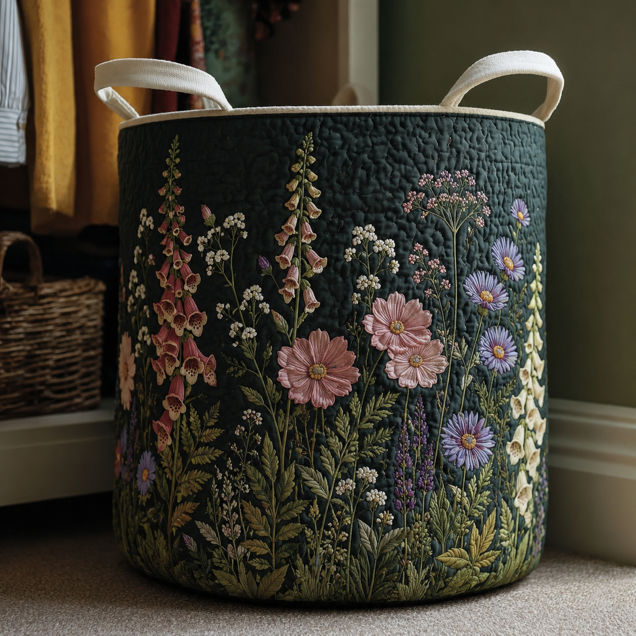 Dark Green Wildflower Quilted Laundry Basket