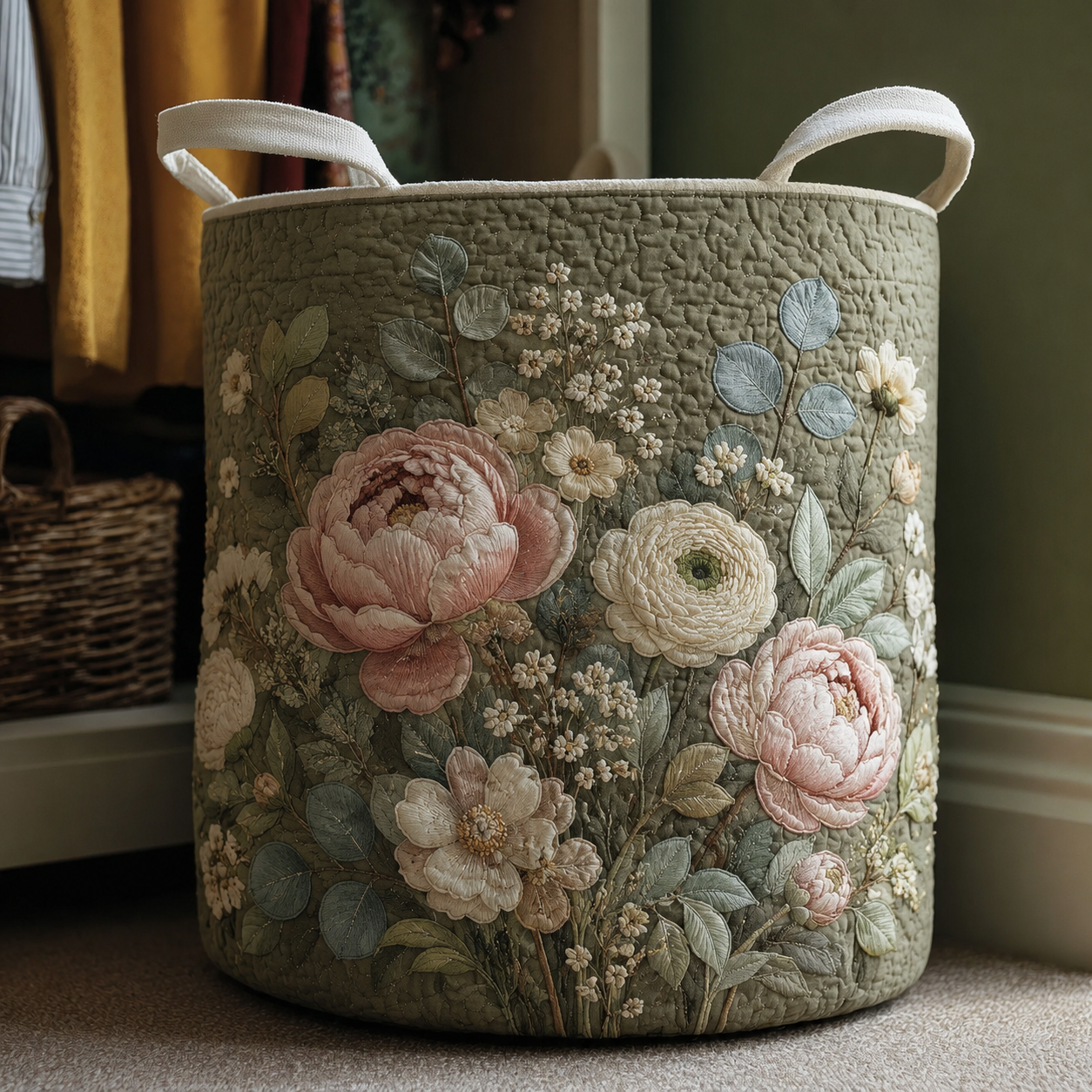 Soft Peony Floral Quilted Laundry Basket
