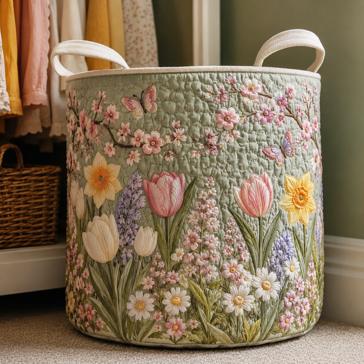 Spring Tulip Floral Quilted Laundry Basket