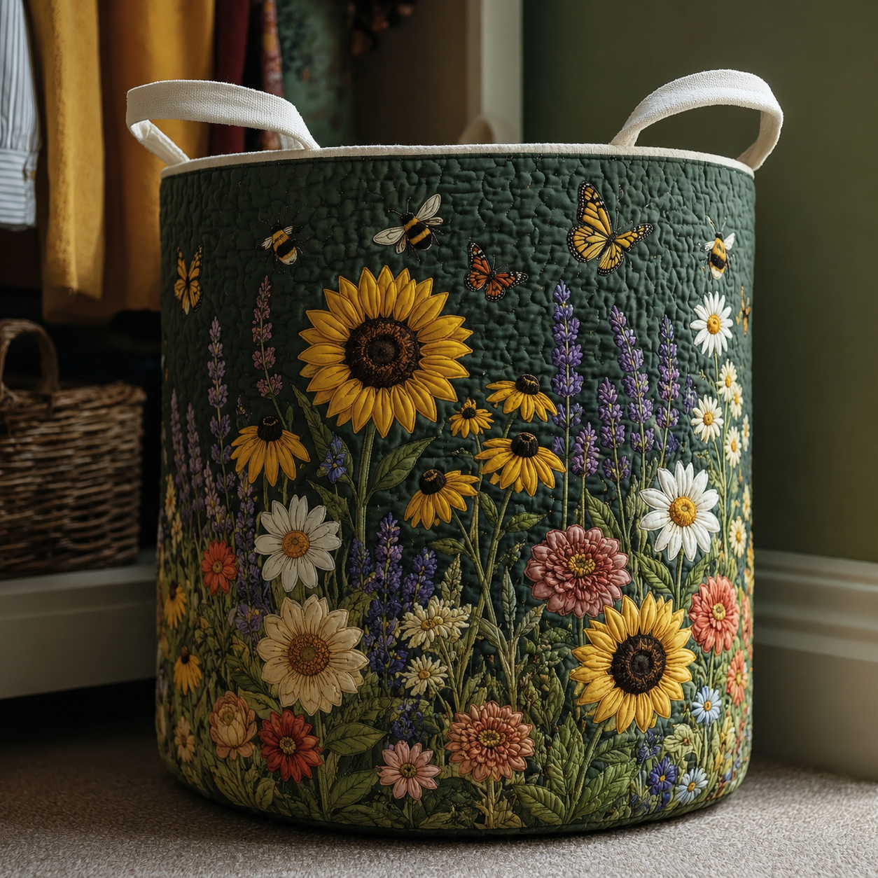 Sunflower Butterfly Quilted Laundry Basket