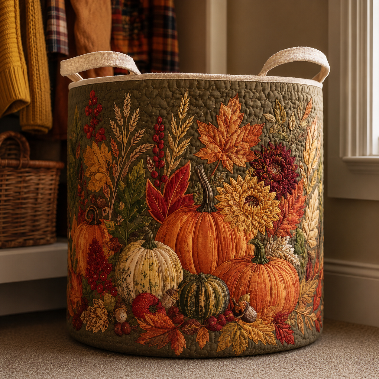 Autumn Pumpkin Quilted Laundry Basket