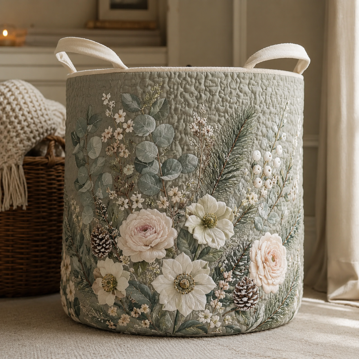 Soft Winter Floral Quilted Laundry Basket