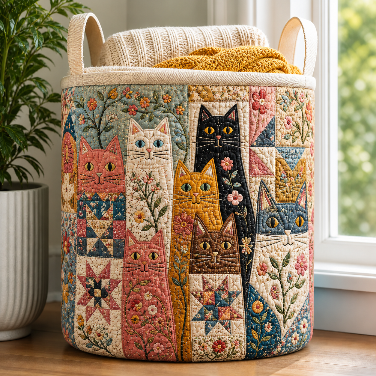 Folk Art Patchwork Cat Quilted Laundry Basket