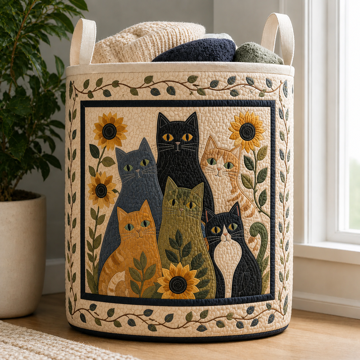 Sunflower & Cat Family Quilted Laundry Basket