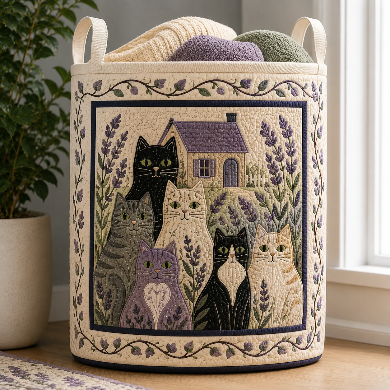  Lavender & Cottage Cats Quilted Laundry Basket