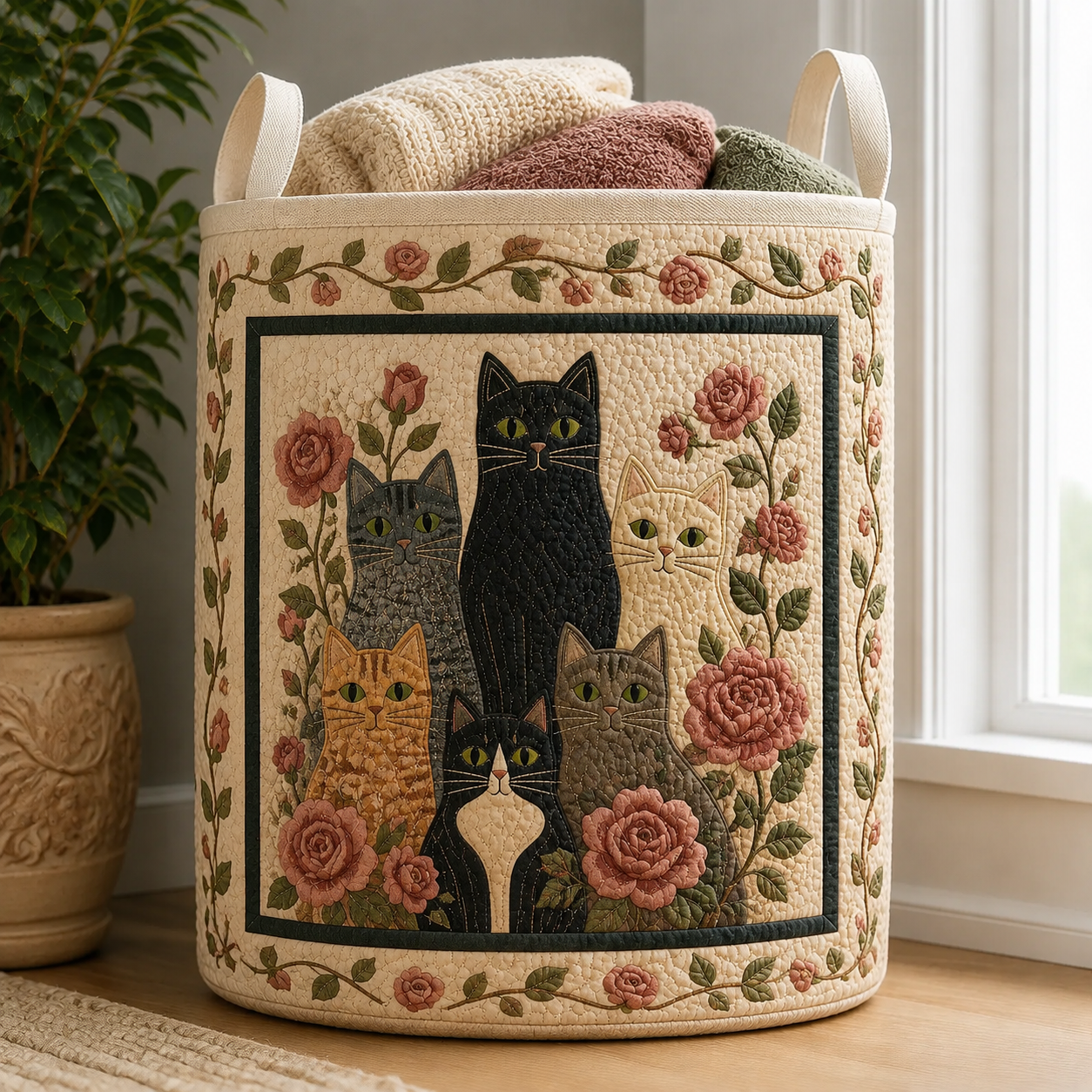 Lavender & Cottage Cats Quilted Laundry Basket