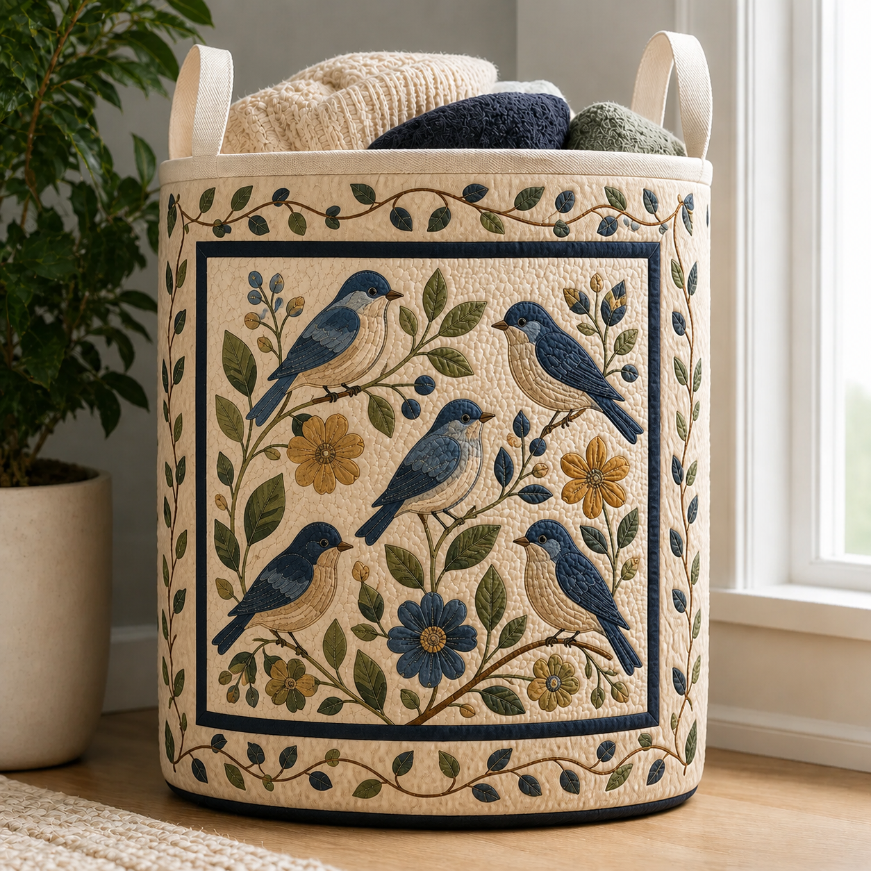 Blue Bird & Floral Quilted Laundry Basket