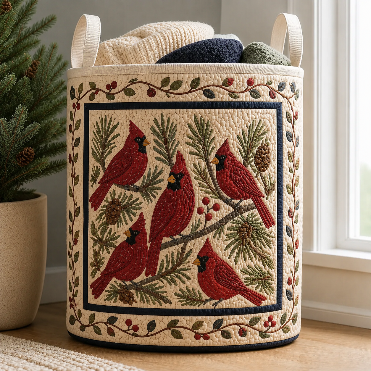 Cardinal Bird Quilted Laundry Basket