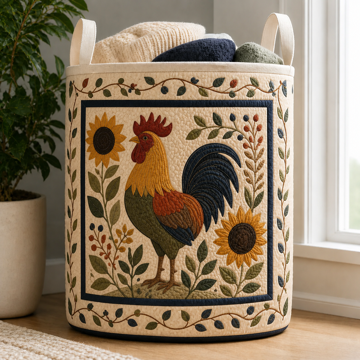Farmhouse Rooster & Sunflower Quilted Laundry Basket
