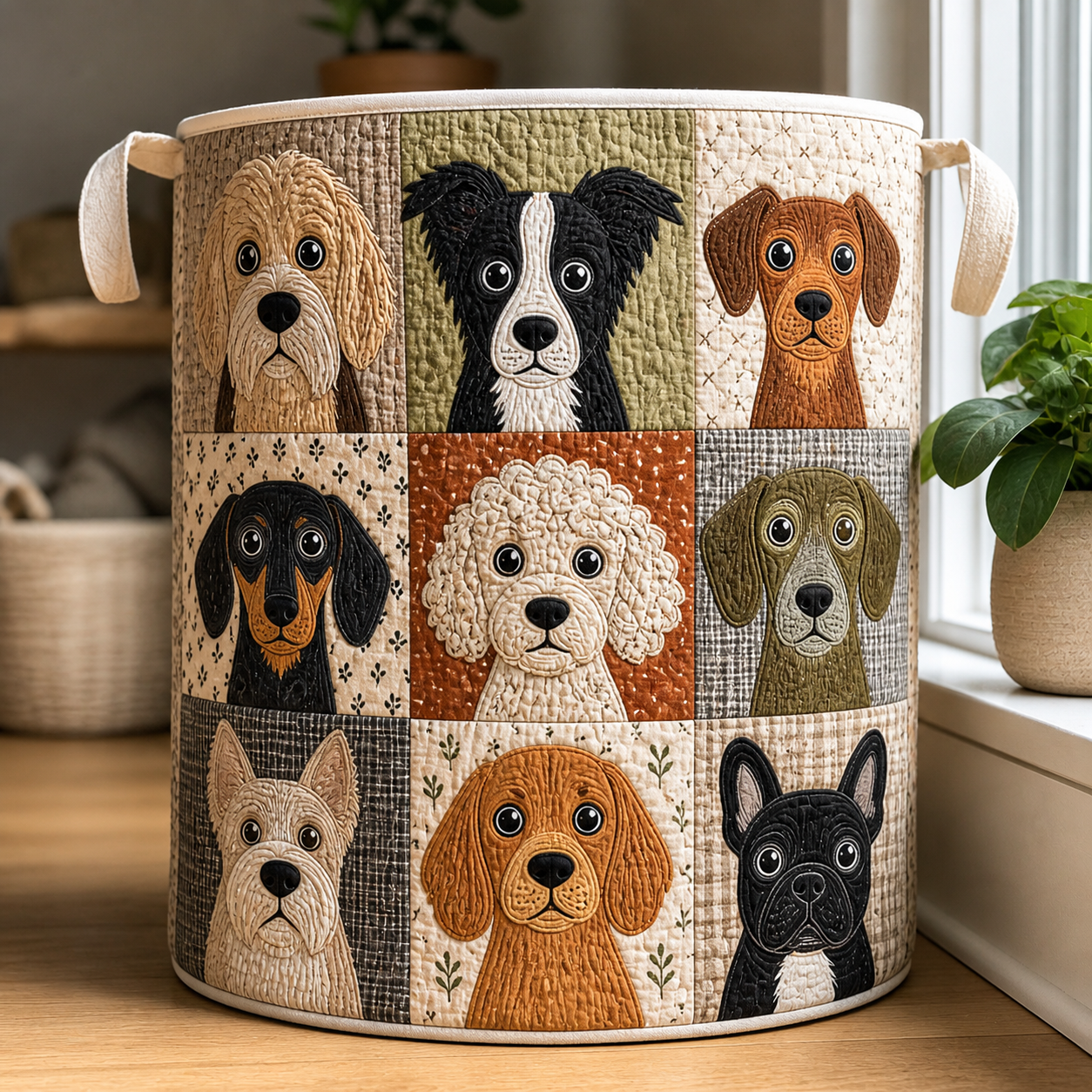 Grid-Style Dog Faces Quilted Laundry Basket