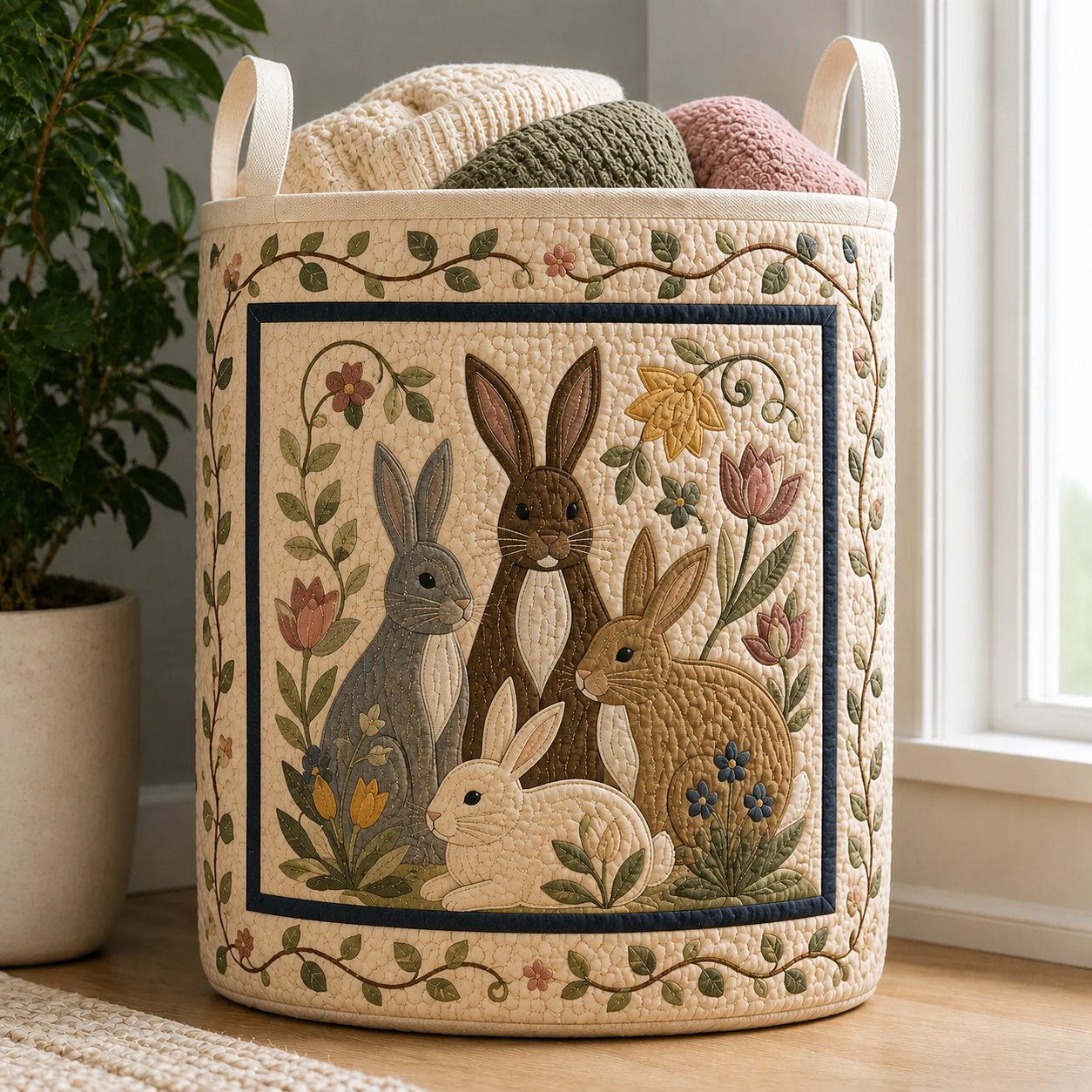 Folk Art Bunny & Tulip Quilted Laundry Basket