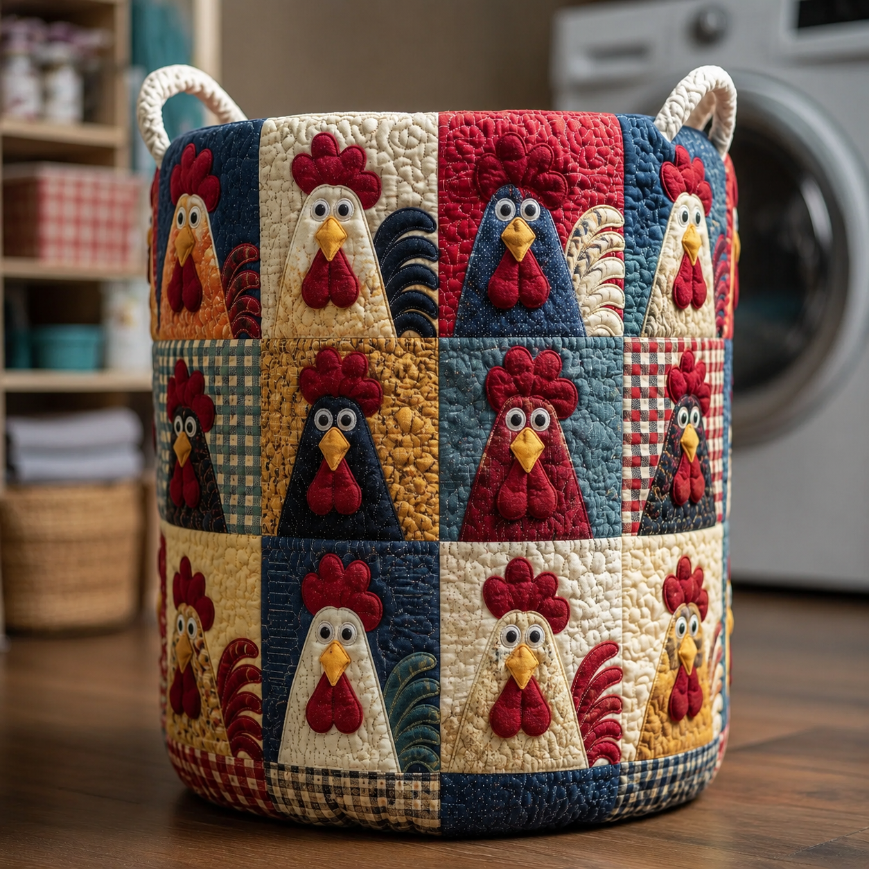 Floral Chicken Patchwork Quilted Laundry Basket