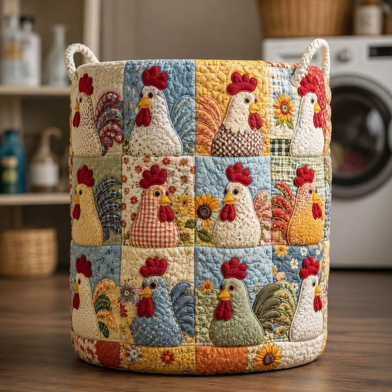 Floral Chicken Patchwork Quilted Laundry Basket