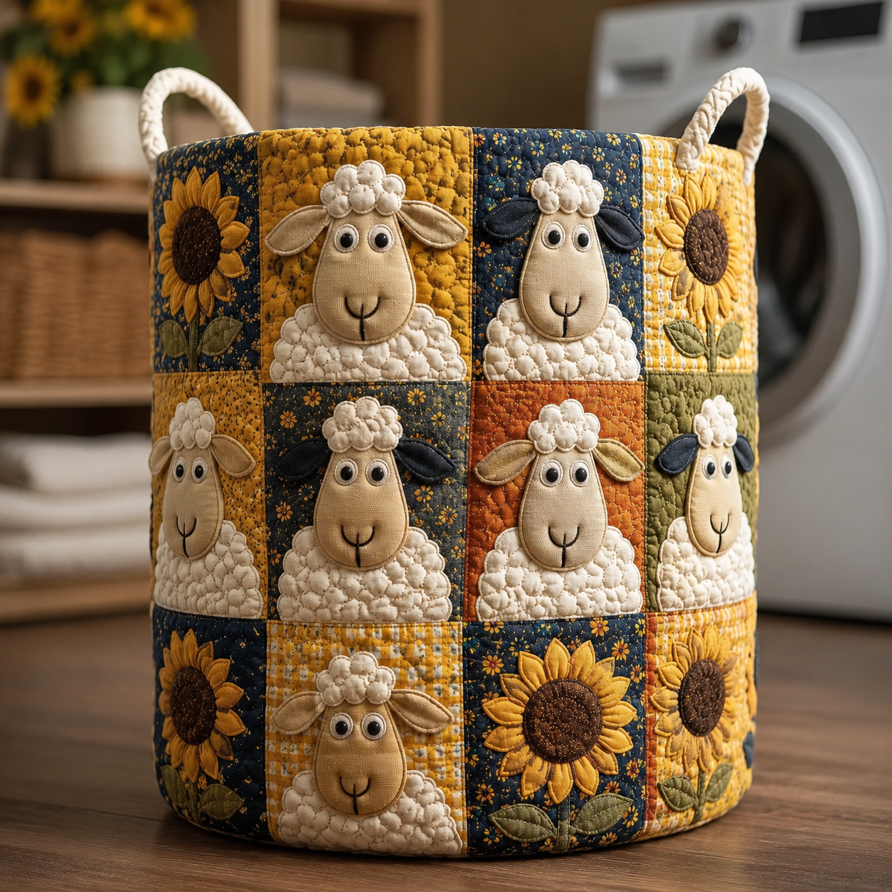 Sheep & Sunflower Patchwork Quilted Laundry Basket