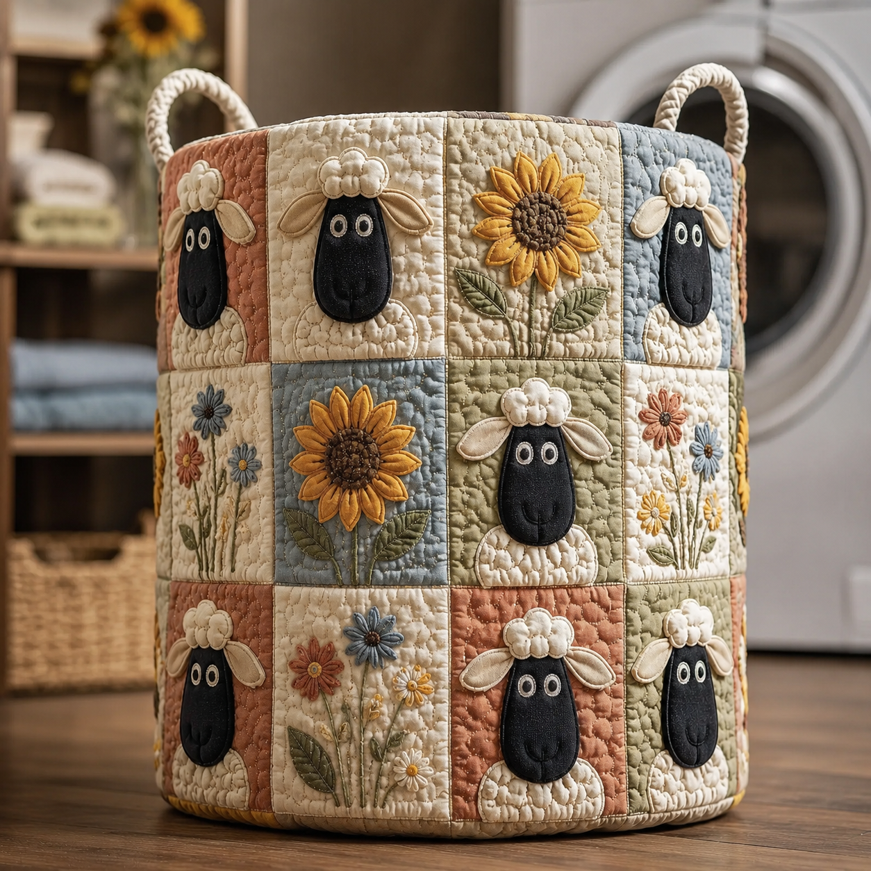 Sheep & Sunflower Patchwork Quilted Laundry Basket