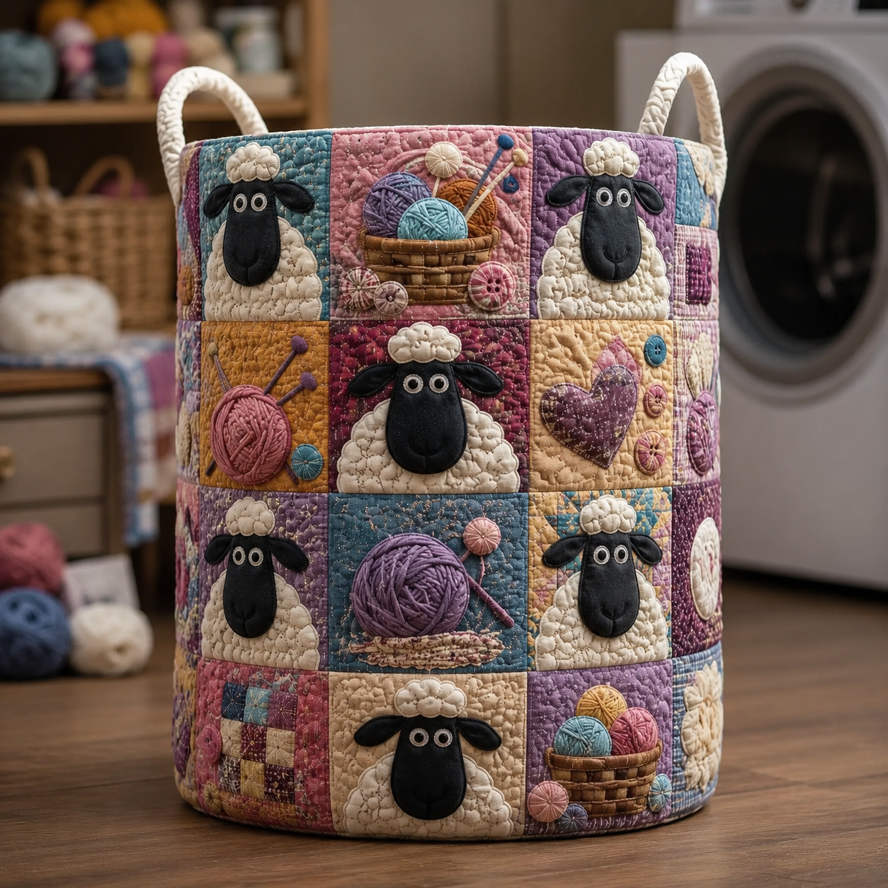 Knitting & Sheep Quilted Laundry Basket