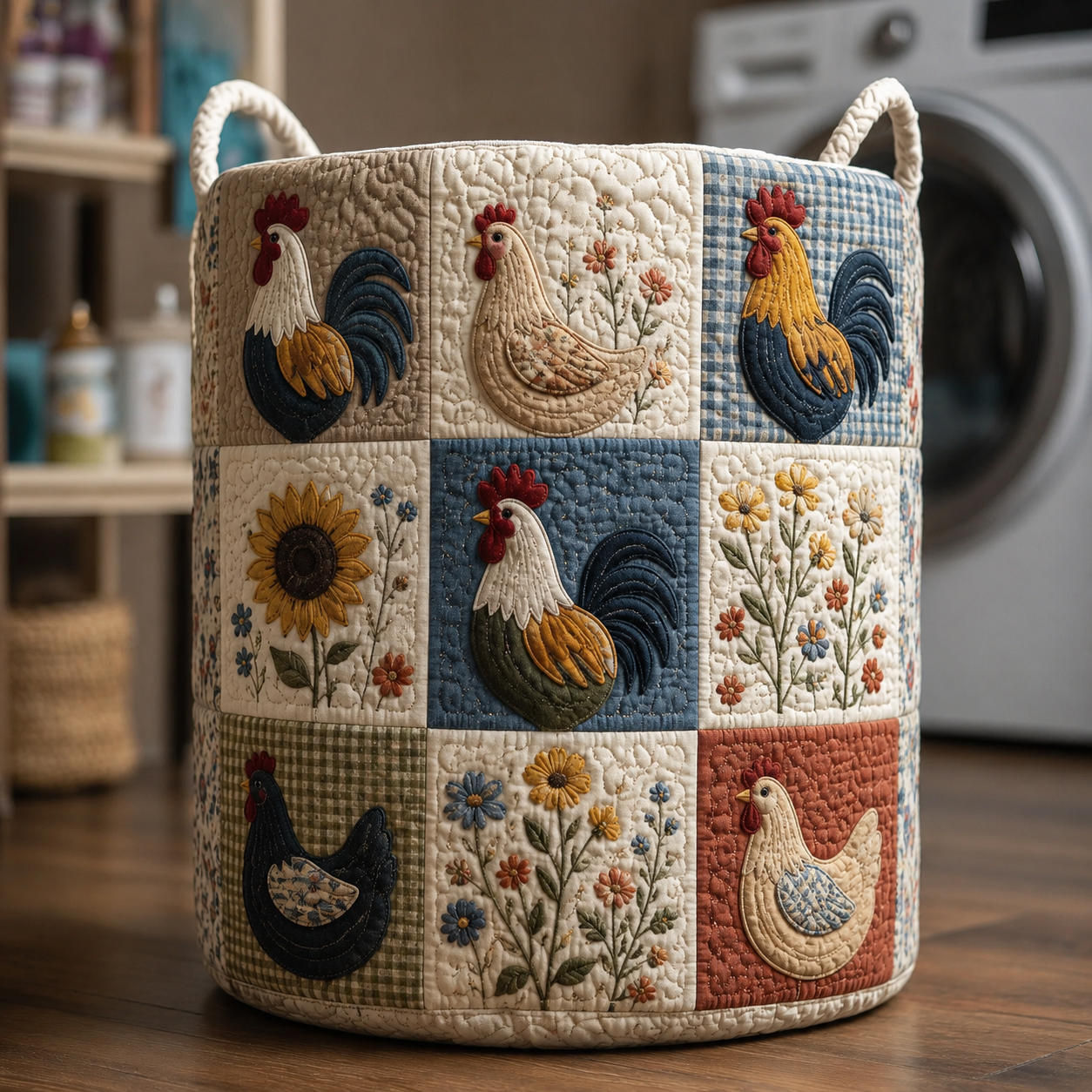 Rooster & Floral Quilted Laundry Basket
